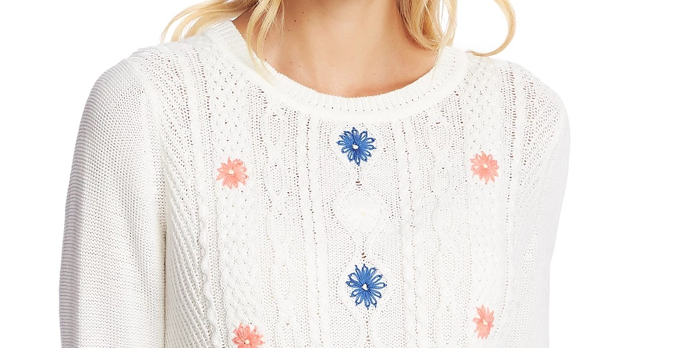 CeCe Women's Embroidered Cable Knit Sweater White Natural Size X-Large
