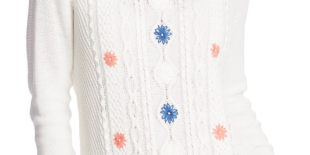 CeCe Women's Embroidered Cable Knit Sweater White Natural Size X-Large