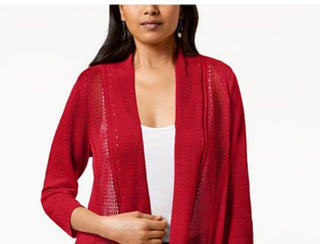 Alfani Women's Petite Mixed-Stitch Open-Front Cardigan Red Size Petite