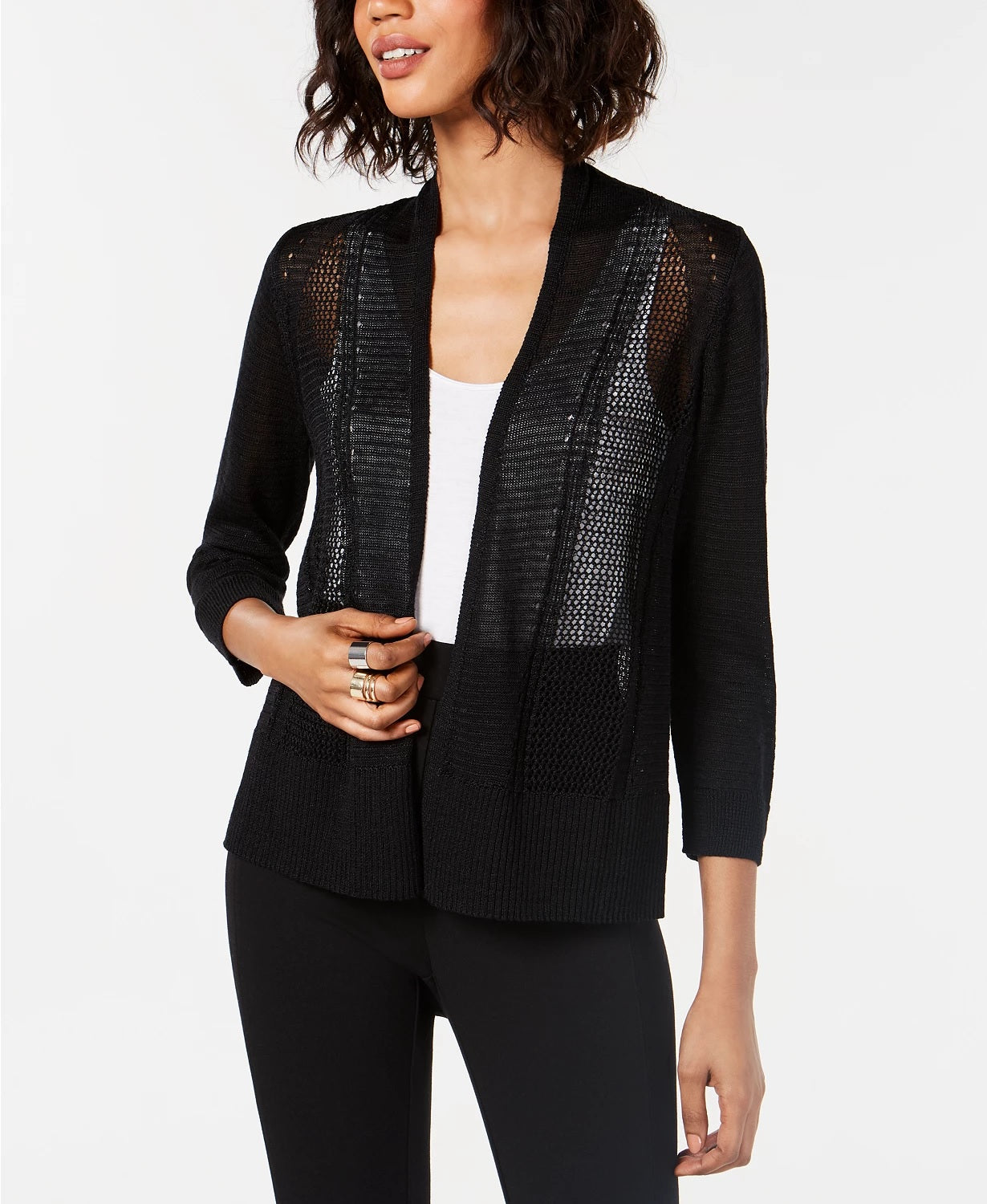 Alfani Women's Petite Mixed-Stitch Open-Front Cardigan Black Size Medium