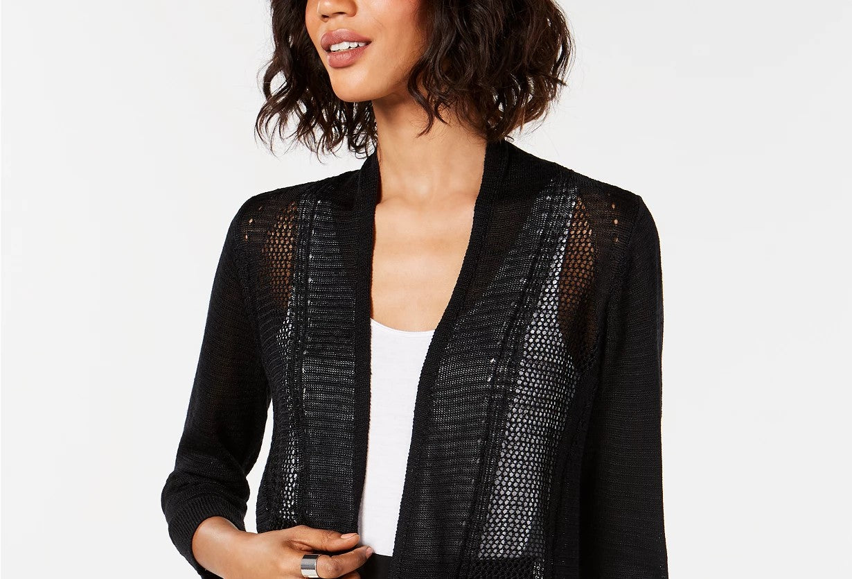 Alfani Women's Petite Mixed-Stitch Open-Front Cardigan Black Size Medium