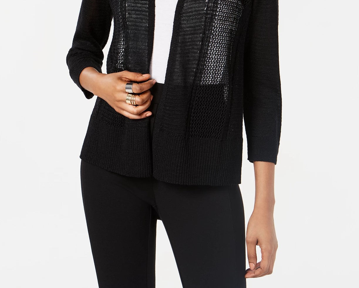 Alfani Women's Petite Mixed-Stitch Open-Front Cardigan Black Size Medium