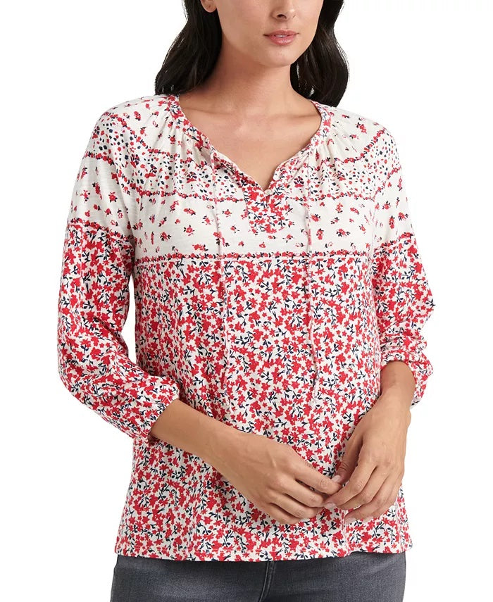 Lucky Brand Women's Printed Cotton Peasant Top Red Size Extra Small