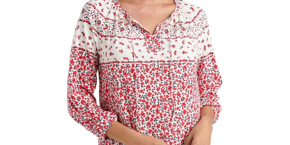 Lucky Brand Women's Printed Cotton Peasant Top Red Size Extra Small