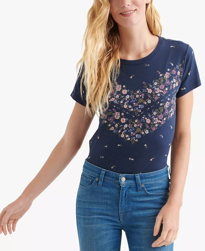 Lucky Brand Women's Floral-Print T-Shirt Blue Size X-Small