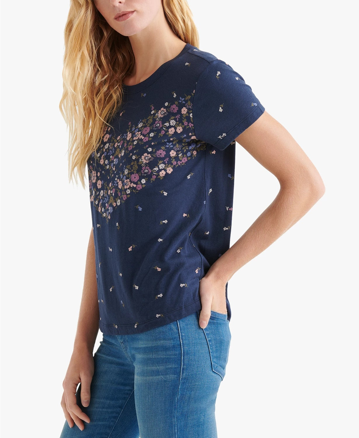 Lucky Brand Women's Floral-Print T-Shirt Blue Size X-Small