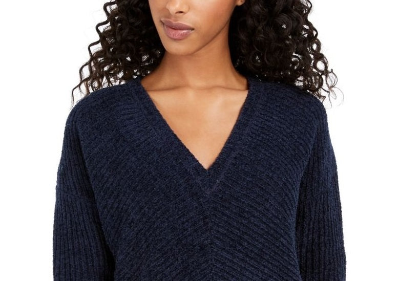 Lucky Brand Women's Chevron Ribbed Chenille Sweater Navy Size Medium