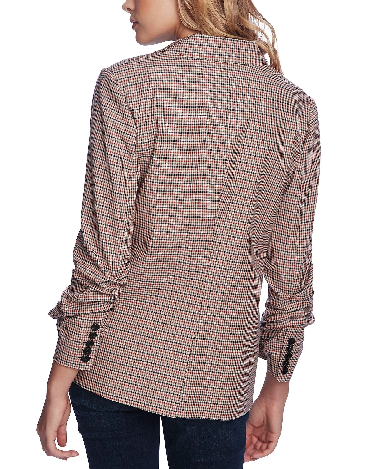 1.STATE Women's Minicheck Ruched Sleeve Blazer Brown