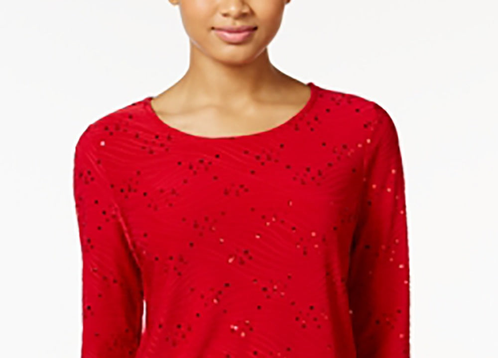 JM Collection Women's Embellished Jacquard Top  Red Size X-Small