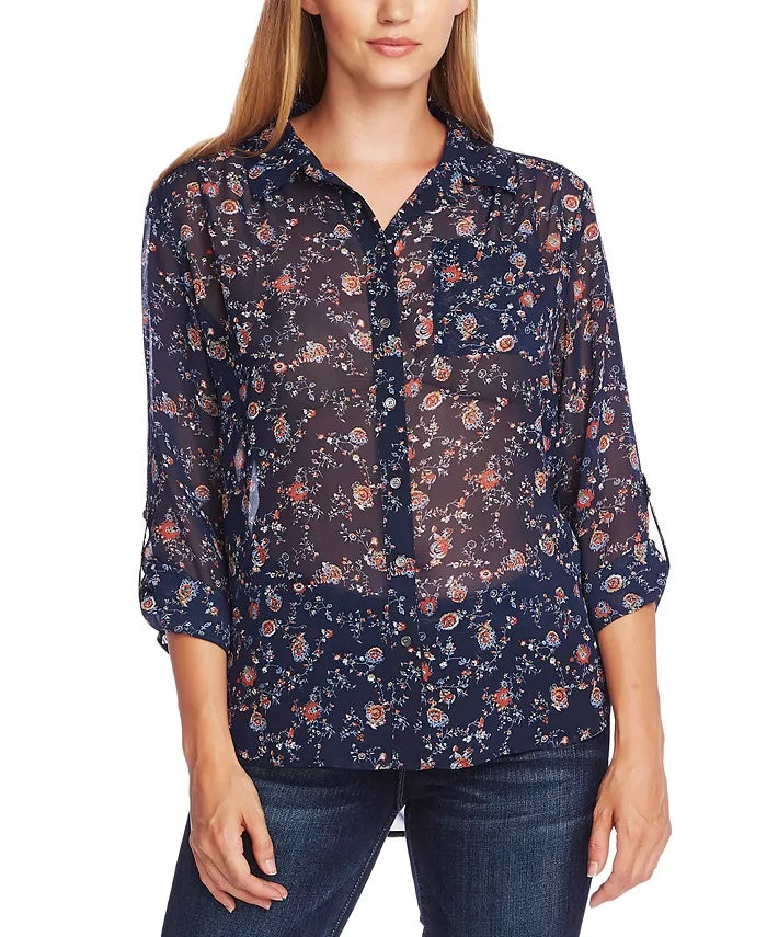 Vince Camuto Women's Ditsy Floral Shirred Shoulder Blouse Blue Size Medium