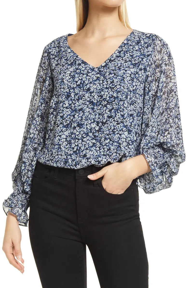 Vince Camuto Women's Floral Print Smocked Blouse Blue Size X-Large