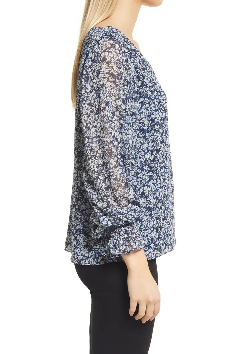 Vince Camuto Women's Floral Print Smocked Blouse Blue Size X-Large