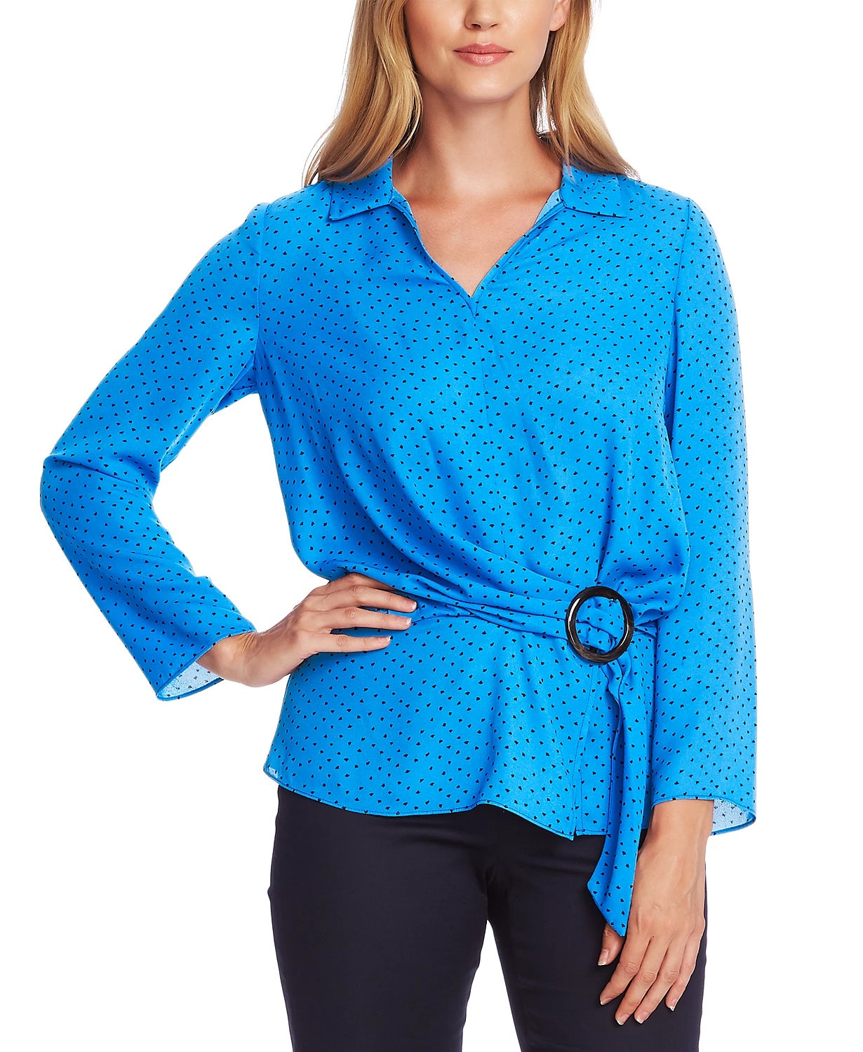 Vince Camuto Women's Ditsy Fragments Long Sleeve Belted Top Size Blue Size Small