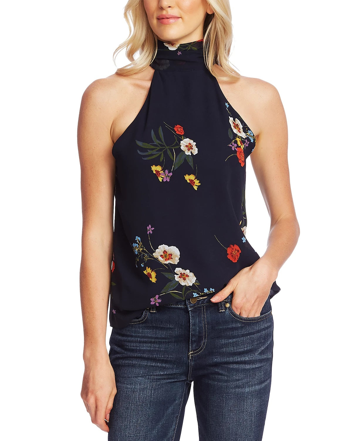 Vince Camuto Women's Floral-Print Mock-Neck Top Navy Size X-Large