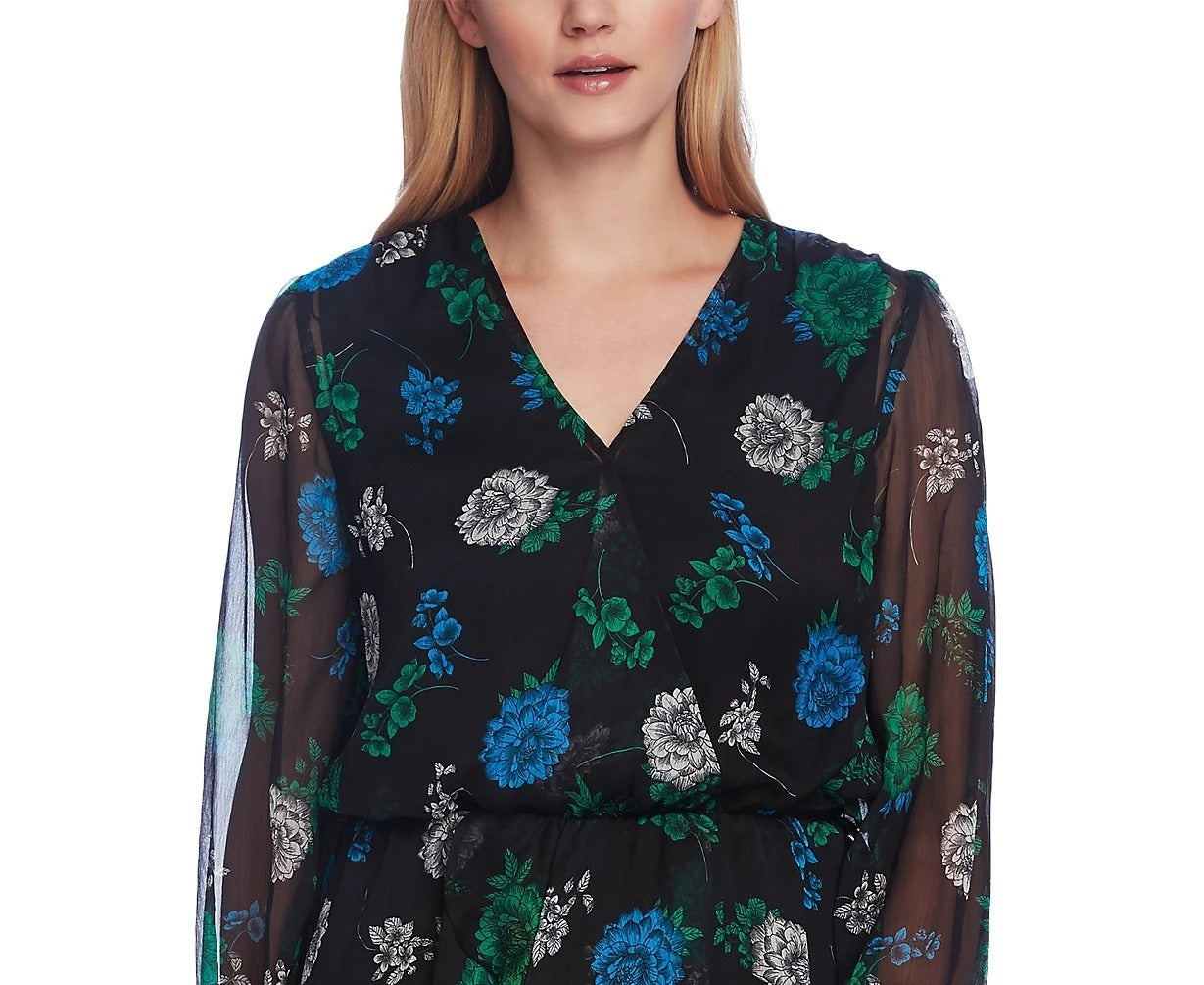 Vince Camuto Women's Floral-Print Cinched-Waist Top Black Size Small