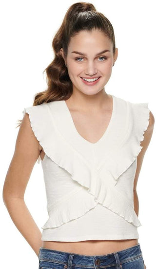 American Rag Juniors' Button-Trimmed Ruffle Top  White Size Large