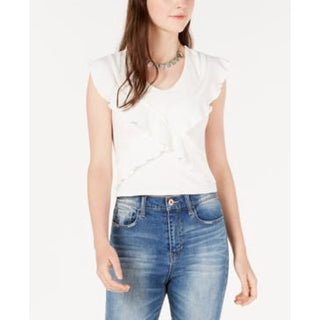 American Rag Juniors' Button-Trimmed Ruffle Top  White Size Large