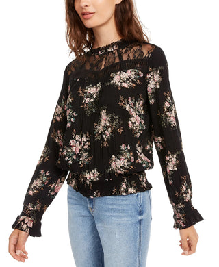 American Rag Juniors' Lace-Trimmed Smocked-Waist Blouse Black Size Extra Small