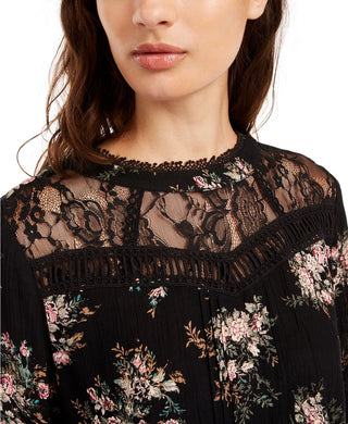 American Rag Juniors' Lace-Trimmed Smocked-Waist Blouse Black Size Extra Small