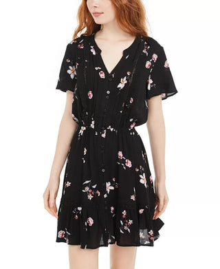 American Rag Juniors'' Floral-Print Pintuck Dress Black Size Medium