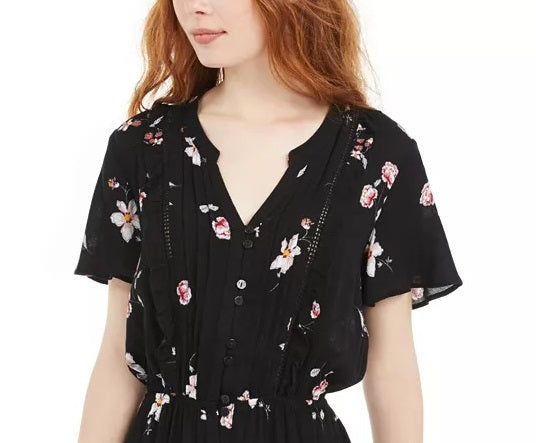 American Rag Juniors'' Floral-Print Pintuck Dress Black Size Medium