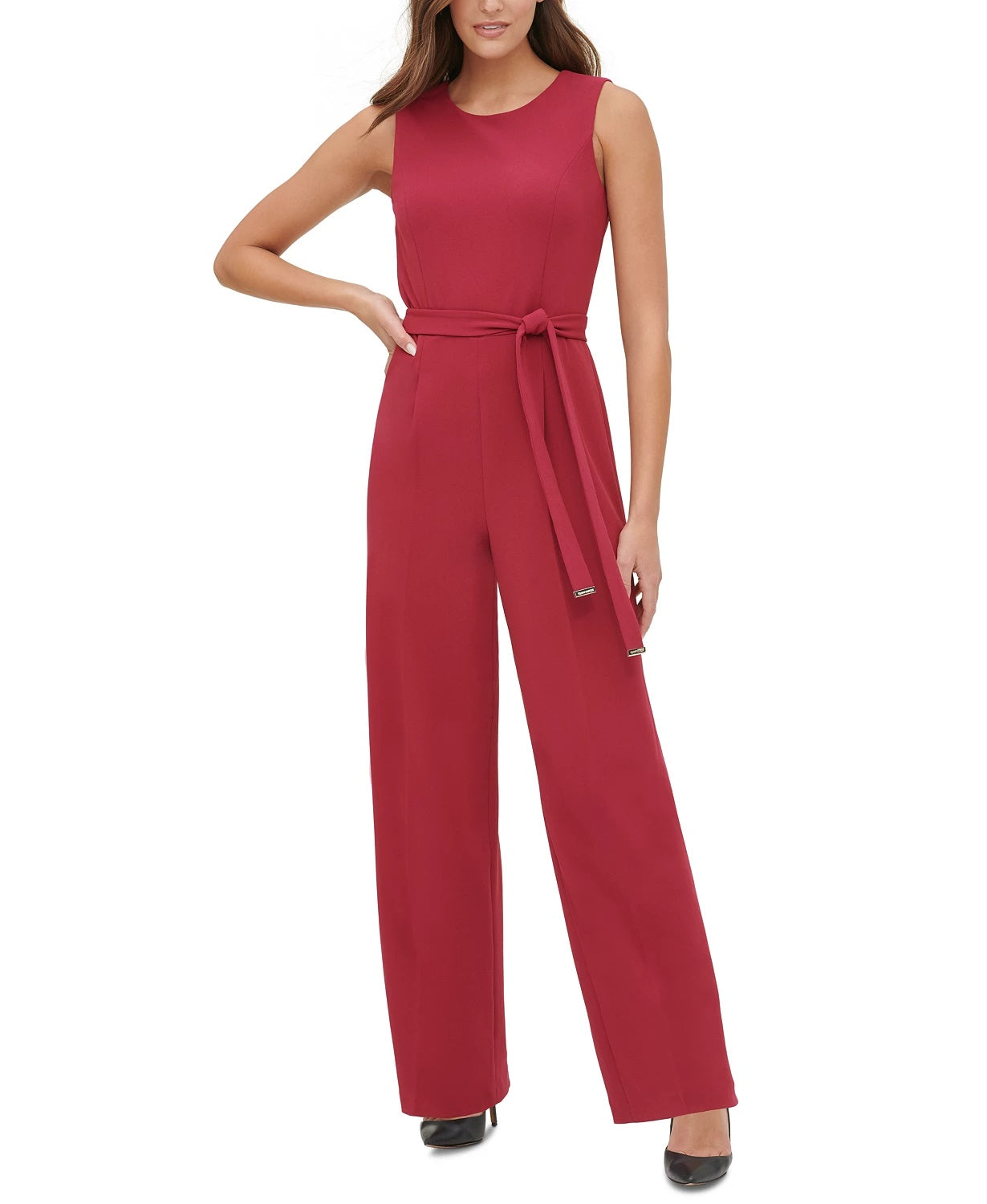 Tommy Hilfiger Women's Crepe Belted Jumpsuit Dark Red Size 4