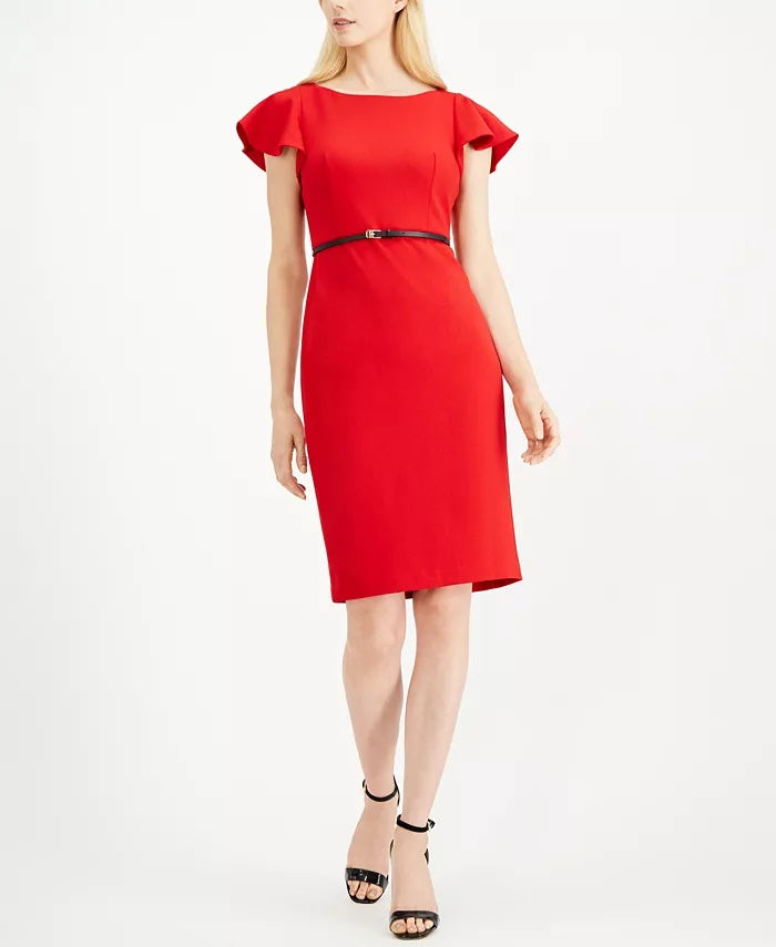 Calvin Klein Women's Belted Ruffle Sleeve Sheath Dress Red Size 8