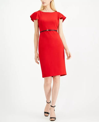 Calvin Klein Women's Belted Ruffle Sleeve Sheath Dress Red Size 8