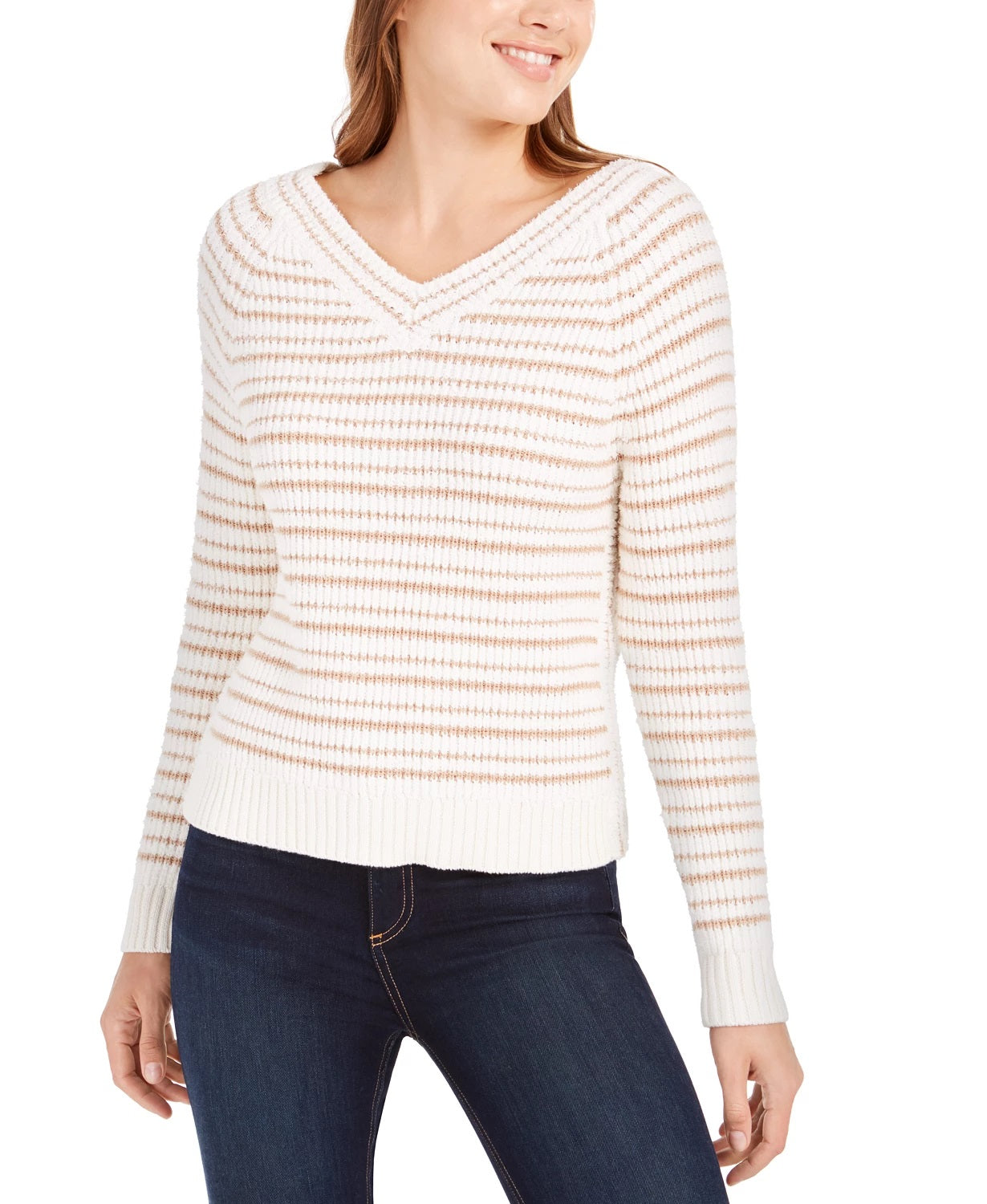 Calvin Klein Women's Striped V-Neck Sweater White Size Large