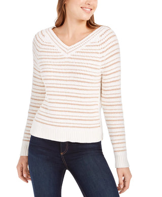 Calvin Klein Women's Striped V-Neck Sweater White Size Large