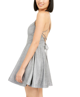 Speechless Juniors' Shimmer Lace-Back Dress Silver Size 7