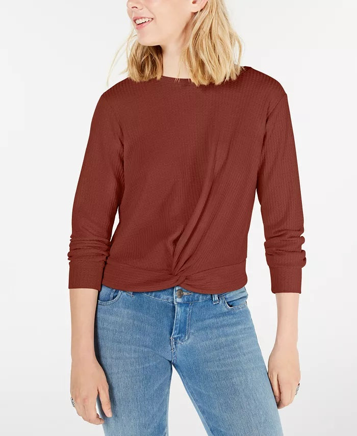Gypsies & Moondust Juniors' Twist-Front Waffle-Knit Top Brown Size Large