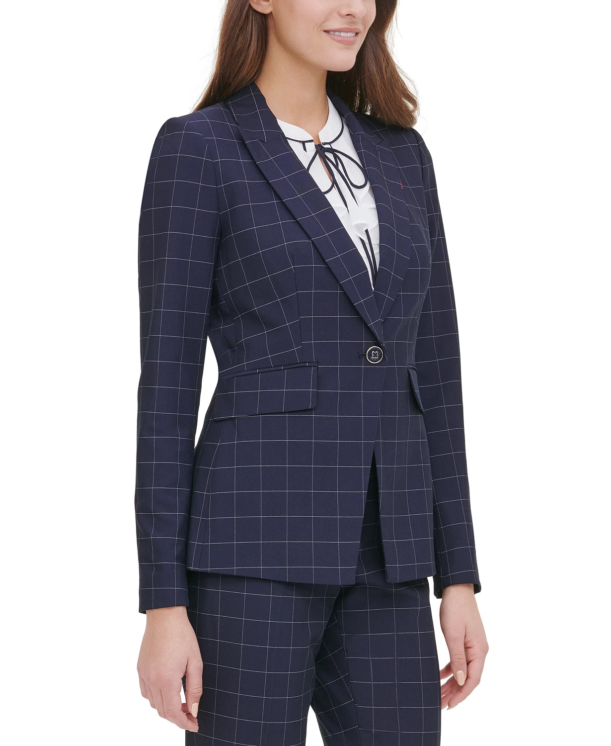Tommy Hilfiger Women's Windowpane Print Single Button Blazer Blue Size 2