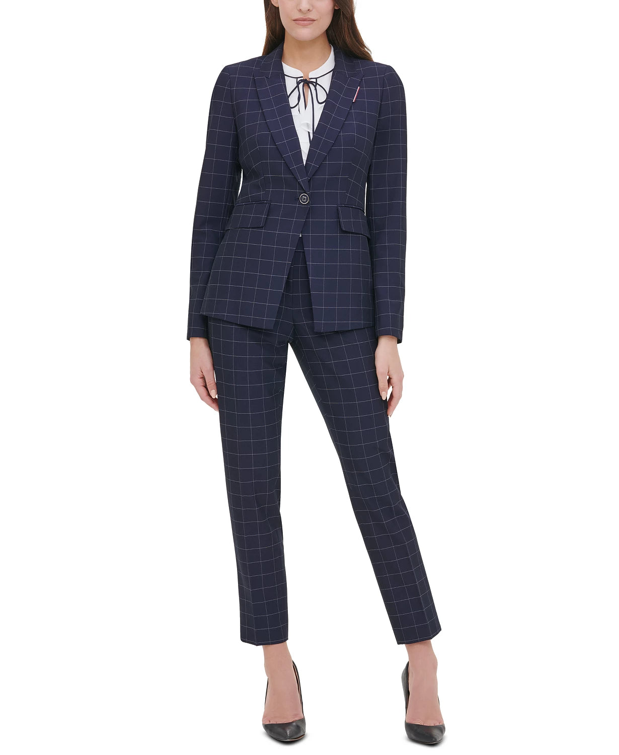 Tommy Hilfiger Women's Windowpane Print Single Button Blazer Blue Size 2