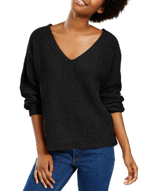 Hippie Rose Juniors' Chenille V-Neck Sweater Black Size Small