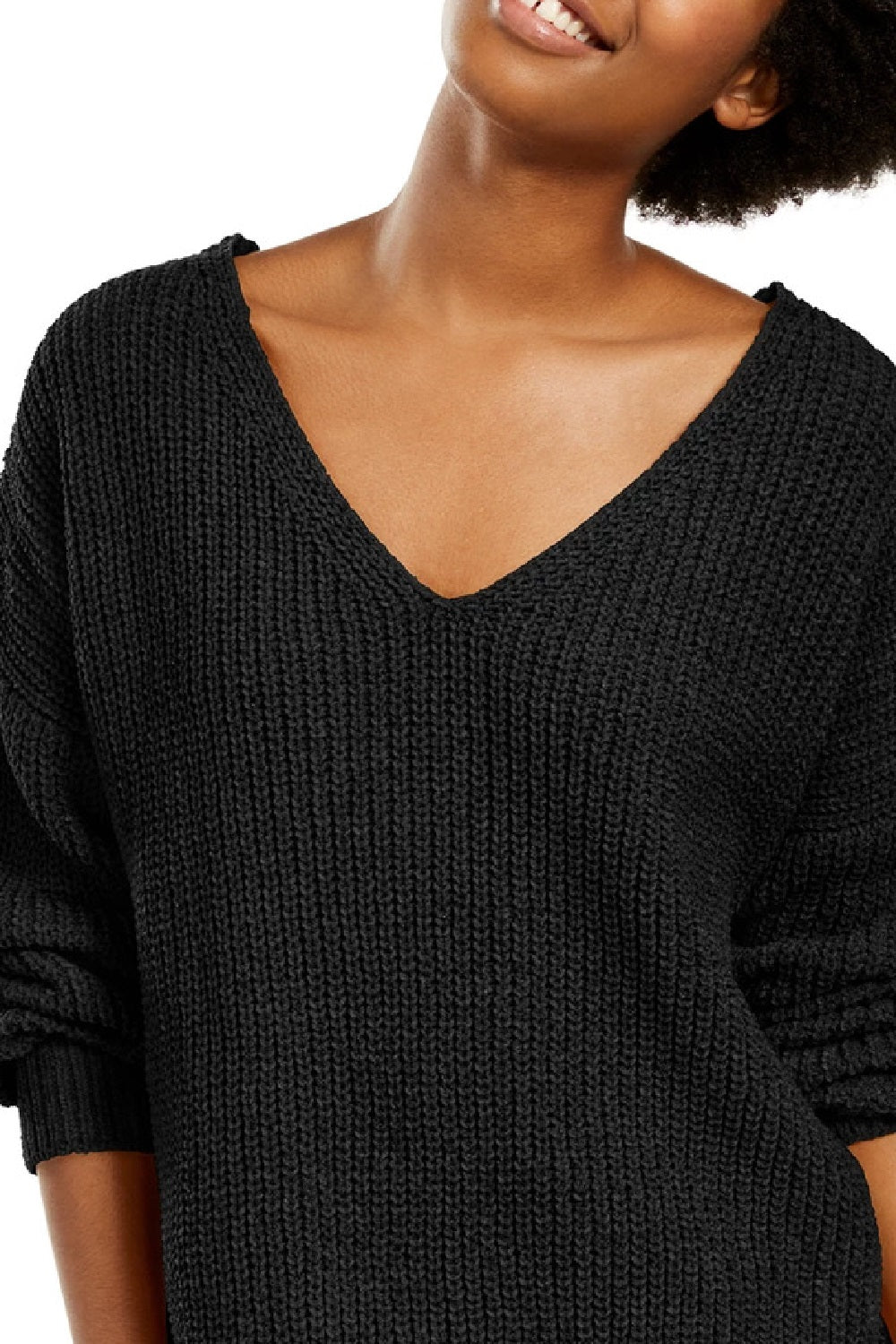 Hippie Rose Juniors' Chenille V-Neck Sweater Black Size Small