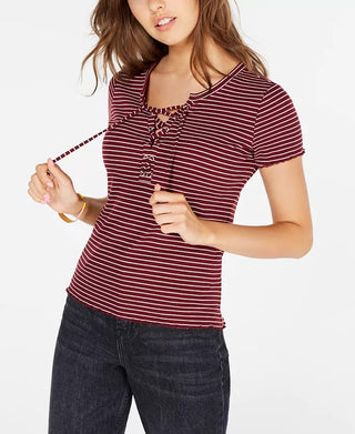 Hippie Rose Juniors' Lace-Up Rib-Knit Top Dark Red Size Extra Large