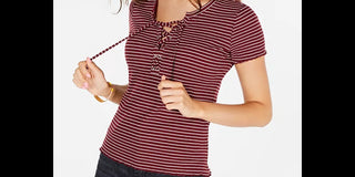 Hippie Rose Juniors' Lace-Up Rib-Knit Top Dark Red Size Extra Large