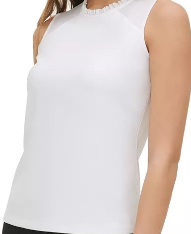 Tommy Hilfiger Women's Ruffle-Neck Sleeveless Top White Size Small