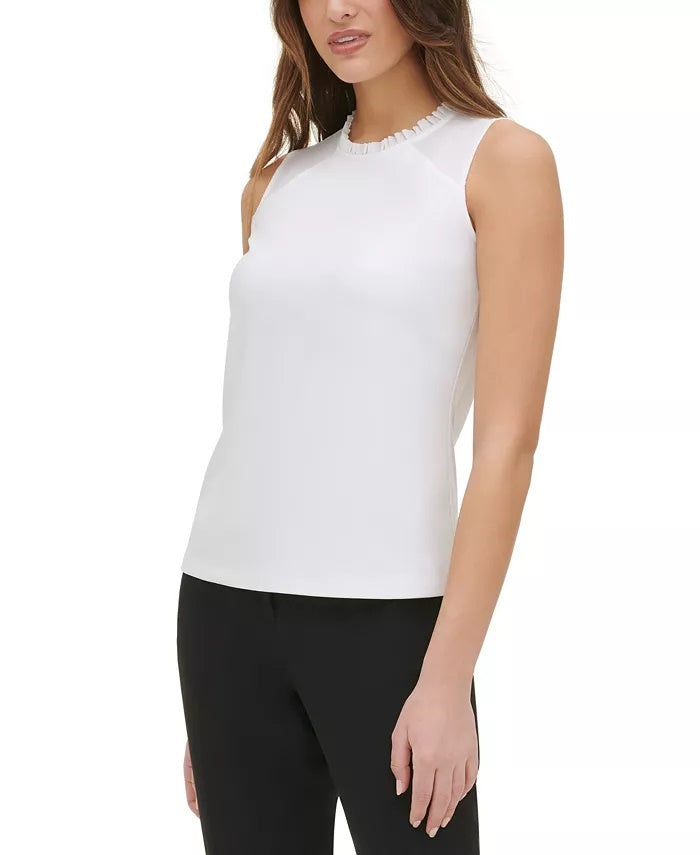 Tommy Hilfiger Women's Ruffle-Neck Sleeveless Top White Size Small
