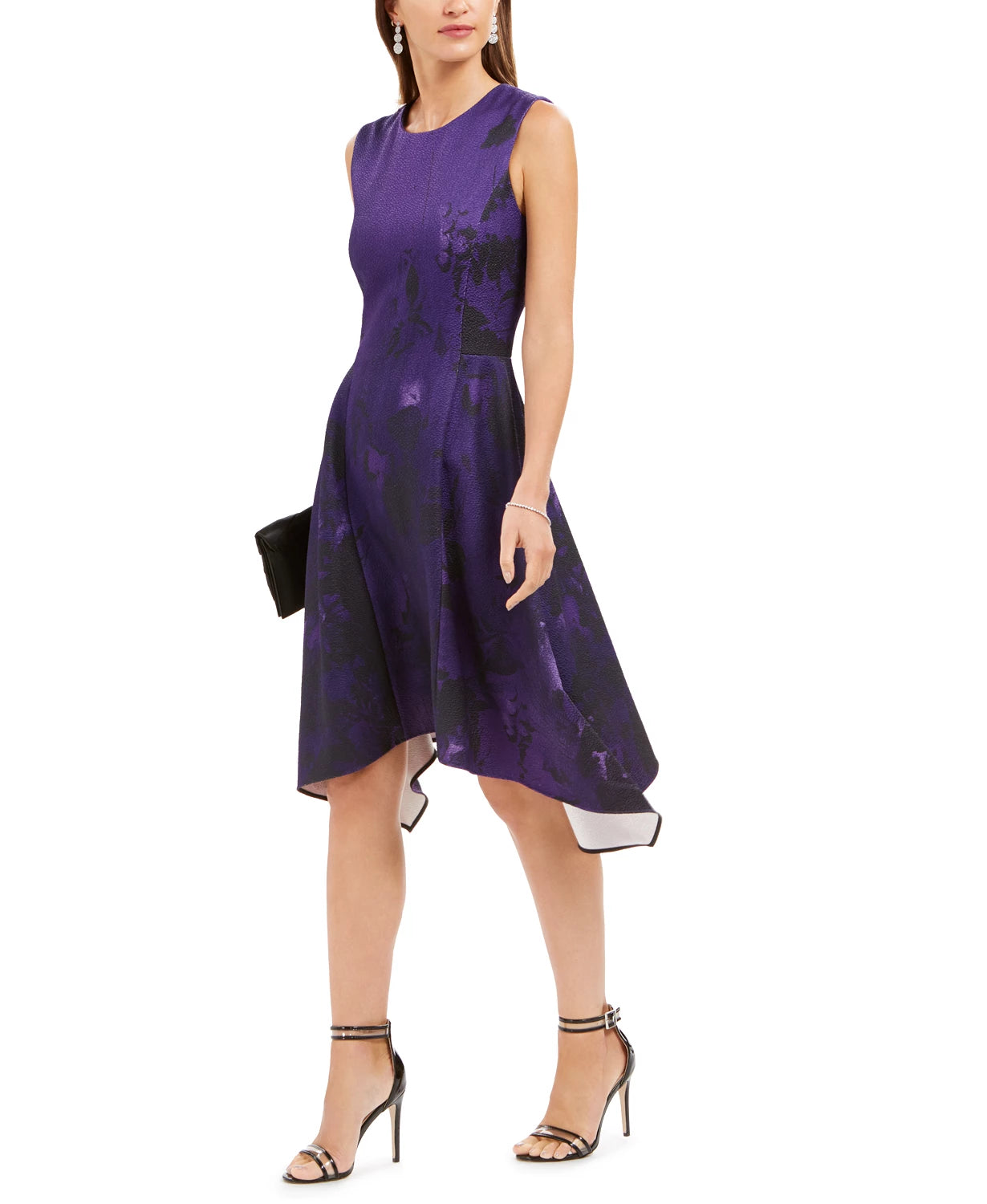 N Natori Women's Abstract Floral Jacquard A Line Dress Purple Size 16