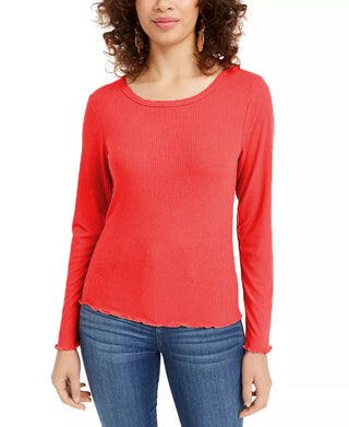 Hippie Rose Juniors' Ribbed Lettuce-Edge Top Bright Red Size Small