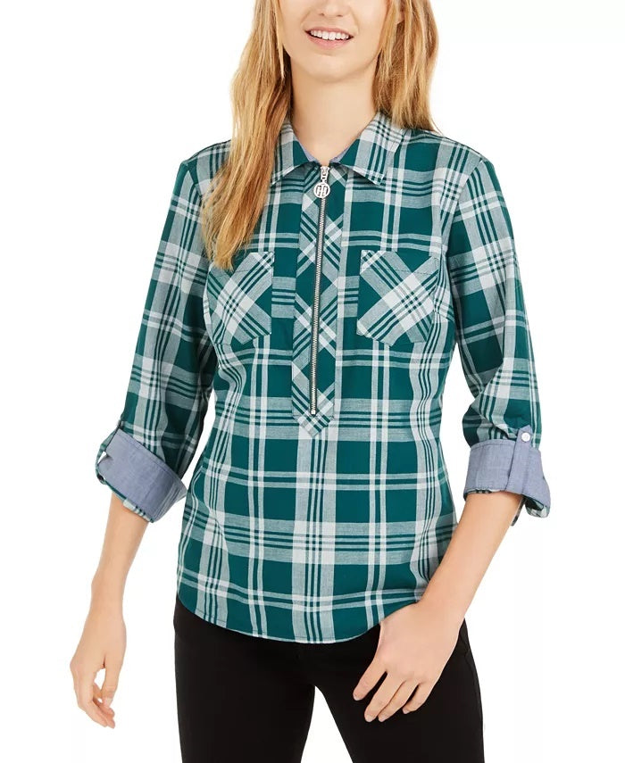Tommy Hilfiger Women's Popover Plaid Cotton Top Green Size X-Small