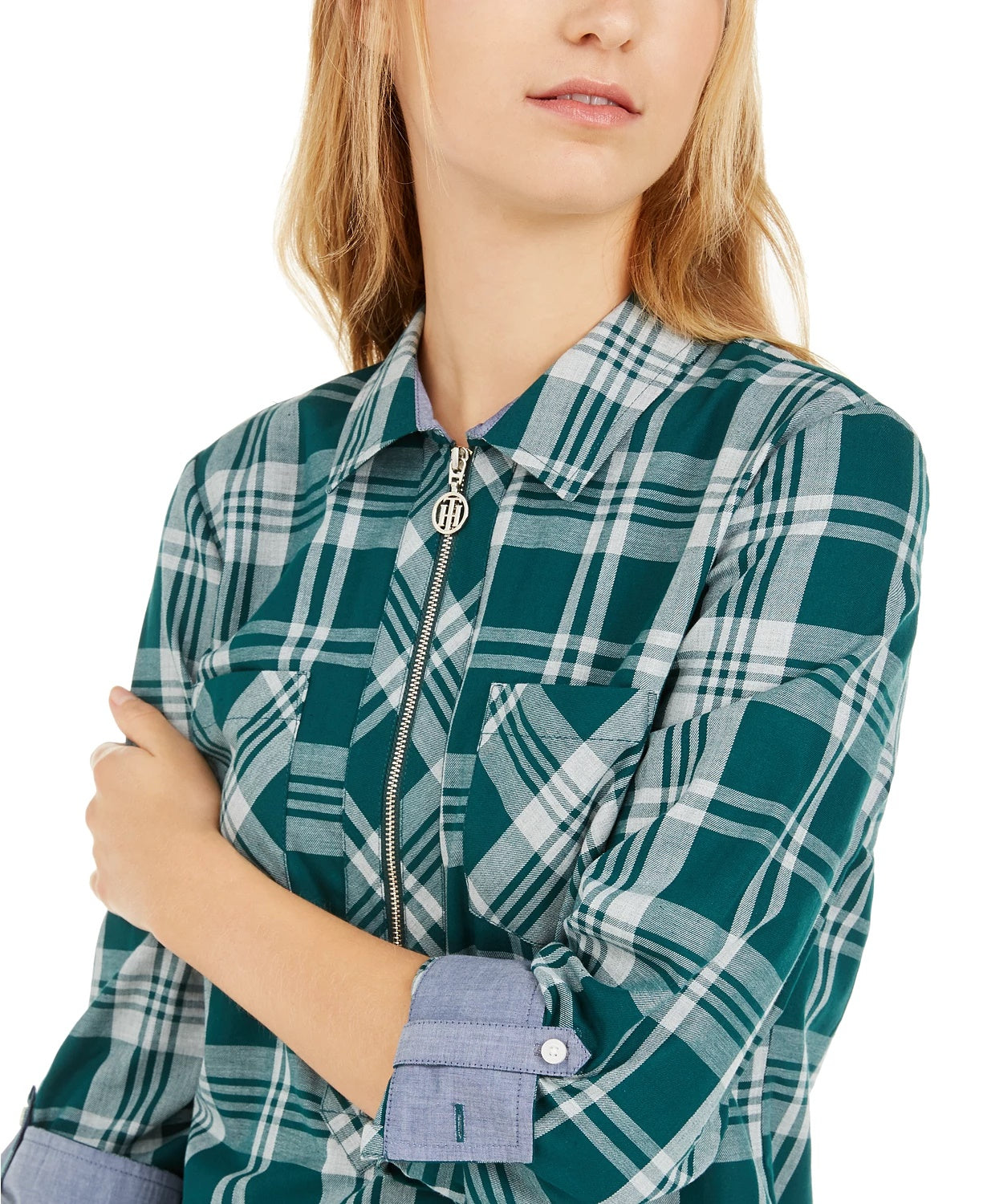 Tommy Hilfiger Women's Popover Plaid Cotton Top Green Size X-Small