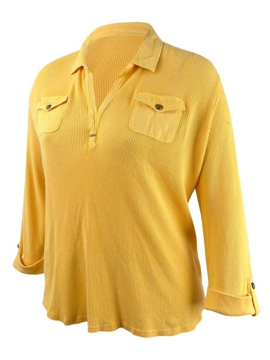 Tommy Hilfiger Women's Waffle-Knit Popover Top Brght Yellow Size Small