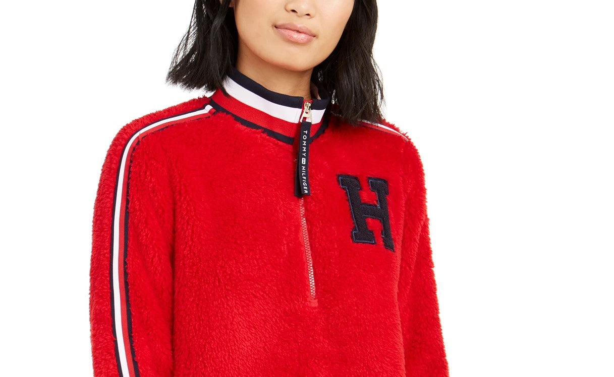 Tommy Hilfiger Women's Striped Trim Sherpa Sweatshirt Red Size X-Large