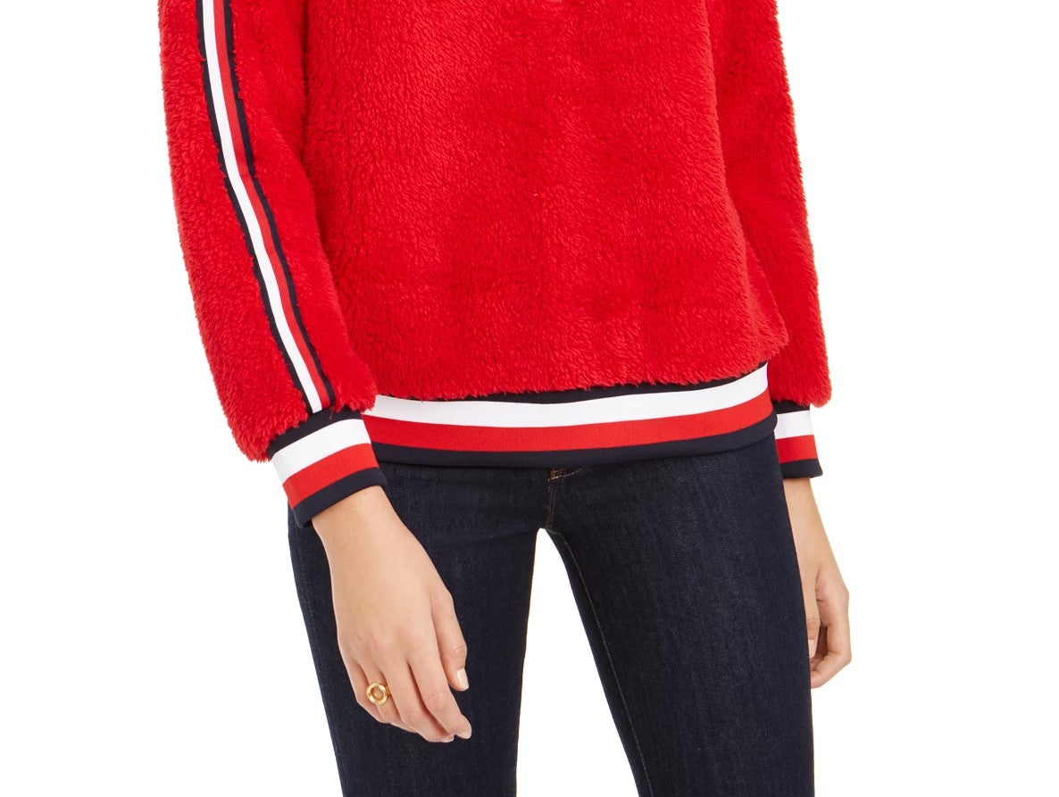 Tommy Hilfiger Women's Striped Trim Sherpa Sweatshirt Red Size X-Large