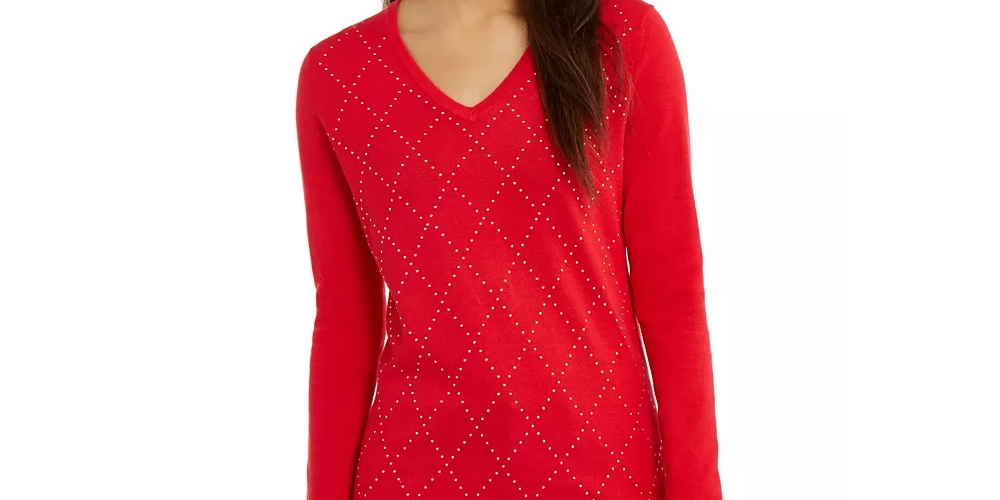Tommy Hilfiger Women's Studded Argyle Cotton Sweater Medium Red Size X-Small
