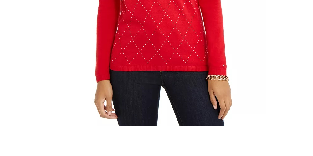 Tommy Hilfiger Women's Studded Argyle Cotton Sweater Medium Red Size X-Small