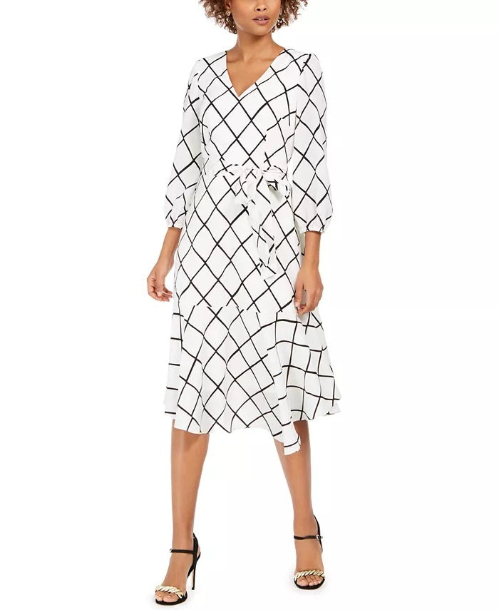 Jessica Howard Women's Plaid Flounce Hem Midi Dress White Size 14